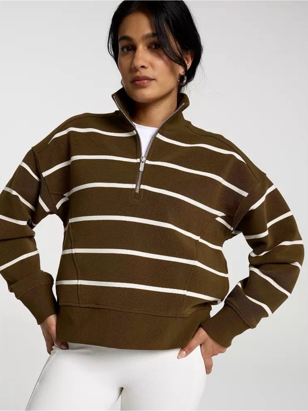 NWT $88 CALIA dark khaki olive stripe pullover